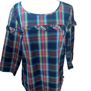 TALBOTS Women Blouse Black Red Tartan Plaid 3/4 Slv Cotton Ruffle Top L Large